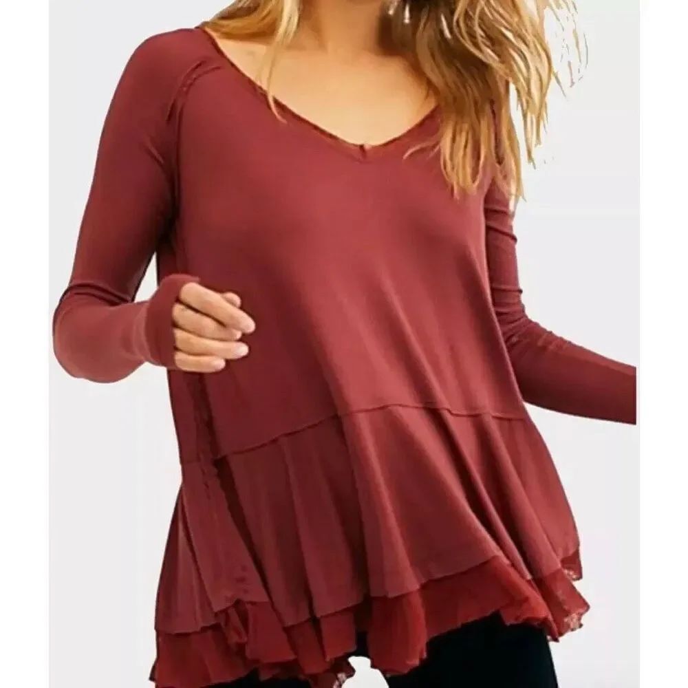 We The Free People Cranberry Tunic Ribbed Thumb Holes Swing Hippie Top Shirt Xs